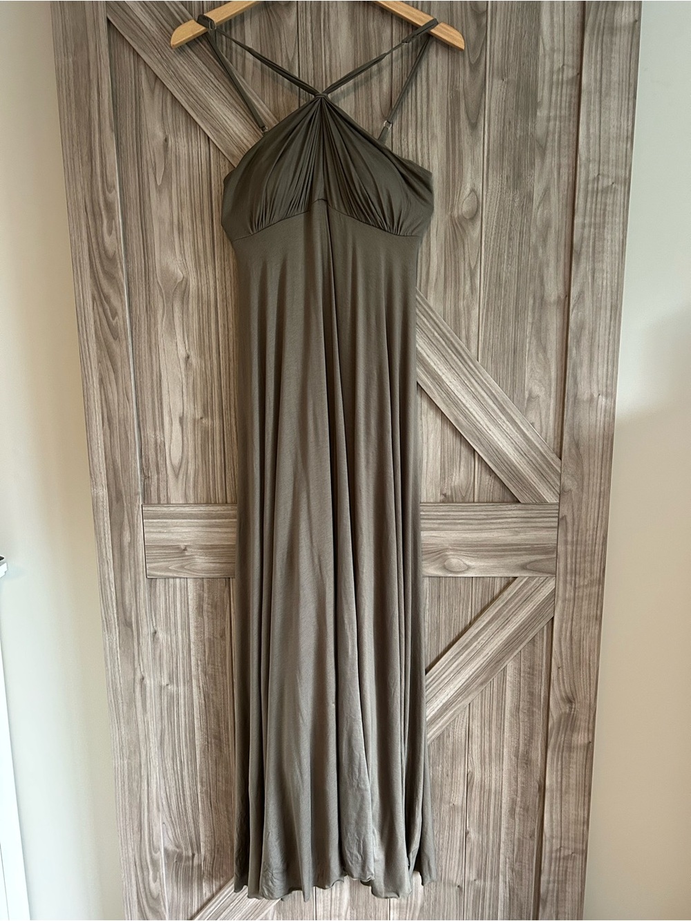 Rubber Ducky Olive Green Halter Maxi Dress Sz L 60" Long